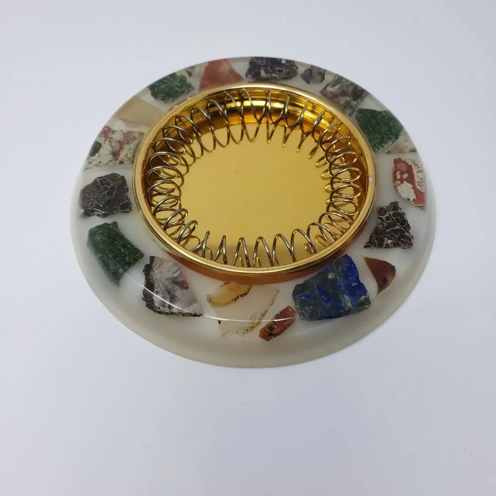 Vintage Mid-Century Modern Lucite Ashtray Real Semi-Precious Stones Gold Insert